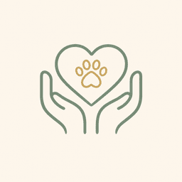 Icône approche douce — mains tenant un cœur avec empreinte de patte